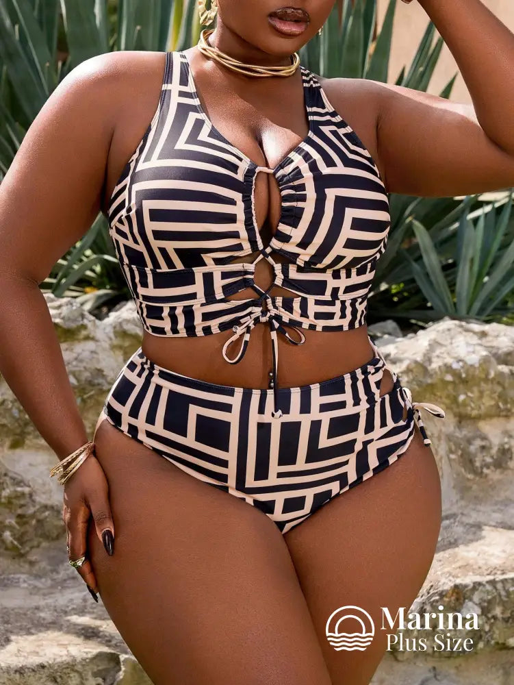 Biquíni Com Recortes E Amarração Frontal Plus Size Multicolorido / G Biquíni Com Recortes E Amarração Frontal Plus Size
