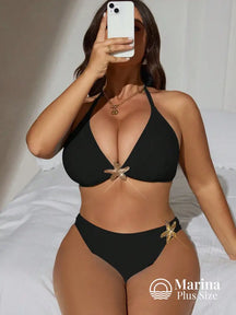 Biquíni Cortininha Aviamentos Dourados Plus Size Preto / G Biquíni Cortininha Aviamentos Dourados Plus Size