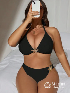 Biquíni Cortininha Aviamentos Dourados Plus Size Preto / G Biquíni Cortininha Aviamentos Dourados Plus Size