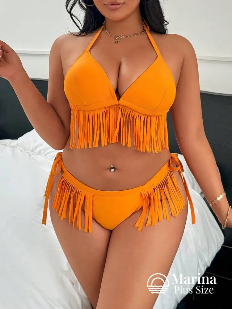 Biquíni Cortininha Franjas E Amarração Plus Size Laranja / G Biquíni Cortininha Franjas E Amarração Plus Size