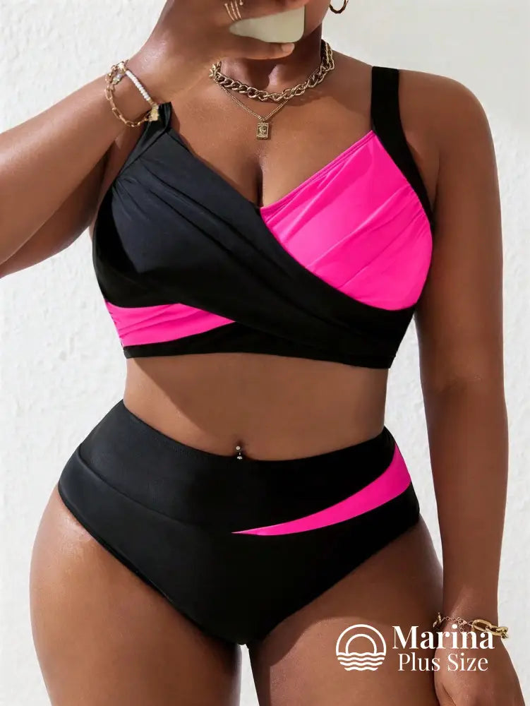 Biquíni Cropped Cintura Alta Recortes Geométricos Plus Size Rosa Choque / G Biquíni Cropped Cintura Alta Recortes