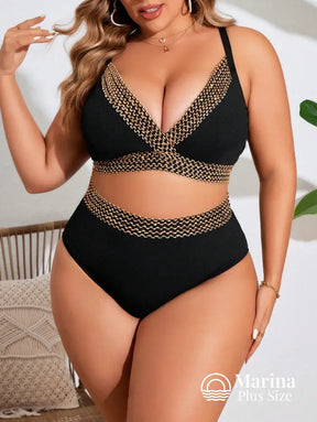 Biquíni Decote V Faixa Trançada Cintura Alta Plus Size Preto / G Biquíni Decote V Faixa Trançada Cintura Alta Plus Size