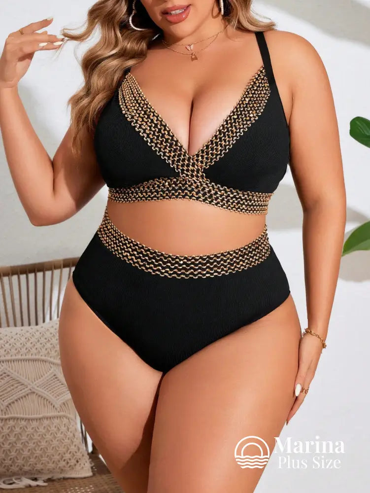 Biquíni Decote V Faixa Trançada Cintura Alta Plus Size Preto / G Biquíni Decote V Faixa Trançada Cintura Alta Plus Size