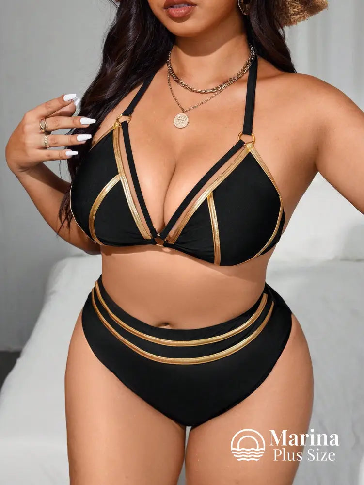 Biquíni Detalhe Metálico Cintura Alta Plus Size Dourado / G Biquíni Detalhe Metálico Cintura Alta Plus Size