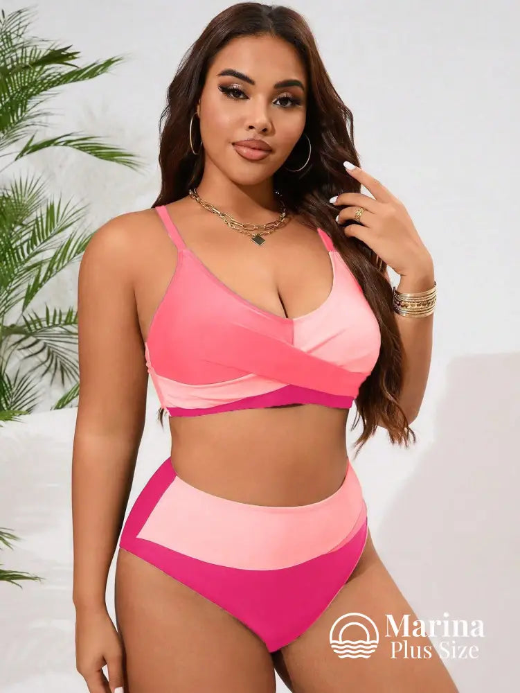 Biquíni Duas Cores Top Cruzado Cintura Alta Plus Size Biquíni Duas Cores Top Cruzado Cintura Alta Plus Size