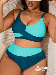 Biquíni Duas Cores Top Cruzado Cintura Alta Plus Size Azul / G Biquíni Duas Cores Top Cruzado Cintura Alta Plus Size