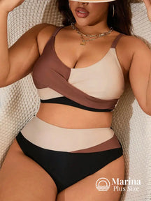 Biquíni Duas Cores Top Cruzado Cintura Alta Plus Size Castanho / G Biquíni Duas Cores Top Cruzado Cintura Alta Plus Size