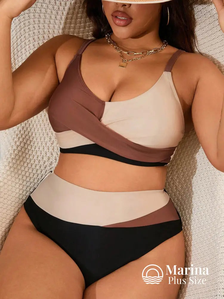 Biquíni Duas Cores Top Cruzado Cintura Alta Plus Size Castanho / G Biquíni Duas Cores Top Cruzado Cintura Alta Plus Size