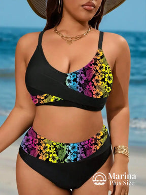 Biquíni Duas Cores Top Cruzado Cintura Alta Plus Size Preto / G Biquíni Duas Cores Top Cruzado Cintura Alta Plus Size