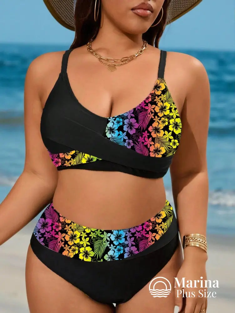 Biquíni Duas Cores Top Cruzado Cintura Alta Plus Size Preto / G Biquíni Duas Cores Top Cruzado Cintura Alta Plus Size