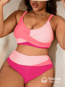 Biquíni Duas Cores Top Cruzado Cintura Alta Plus Size Rosa / G Biquíni Duas Cores Top Cruzado Cintura Alta Plus Size
