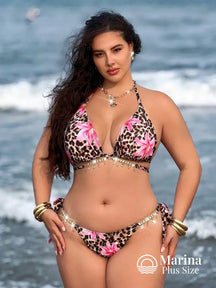 Biquíni Estampa Floral Detalhes Brilhantes Plus Size Bege / G Biquíni Estampa Floral Detalhes Brilhantes Plus Size