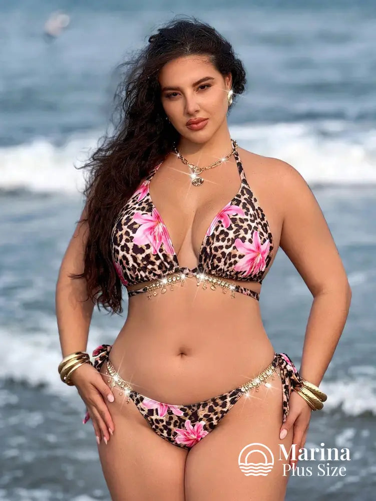 Biquíni Estampa Floral Detalhes Brilhantes Plus Size Bege / G Biquíni Estampa Floral Detalhes Brilhantes Plus Size