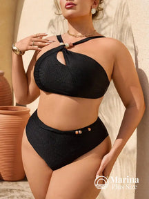 Biquíni Halter Assimétrico Texturizado Elegante Plus Size Preto / G Biquíni Halter Assimétrico Texturizado Elegante
