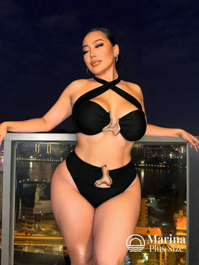 Biquíni Halter Cruzado Cintura Alta Aviamento Plus Size Preto / G Biquíni Halter Cruzado Cintura Alta Aviamento Plus