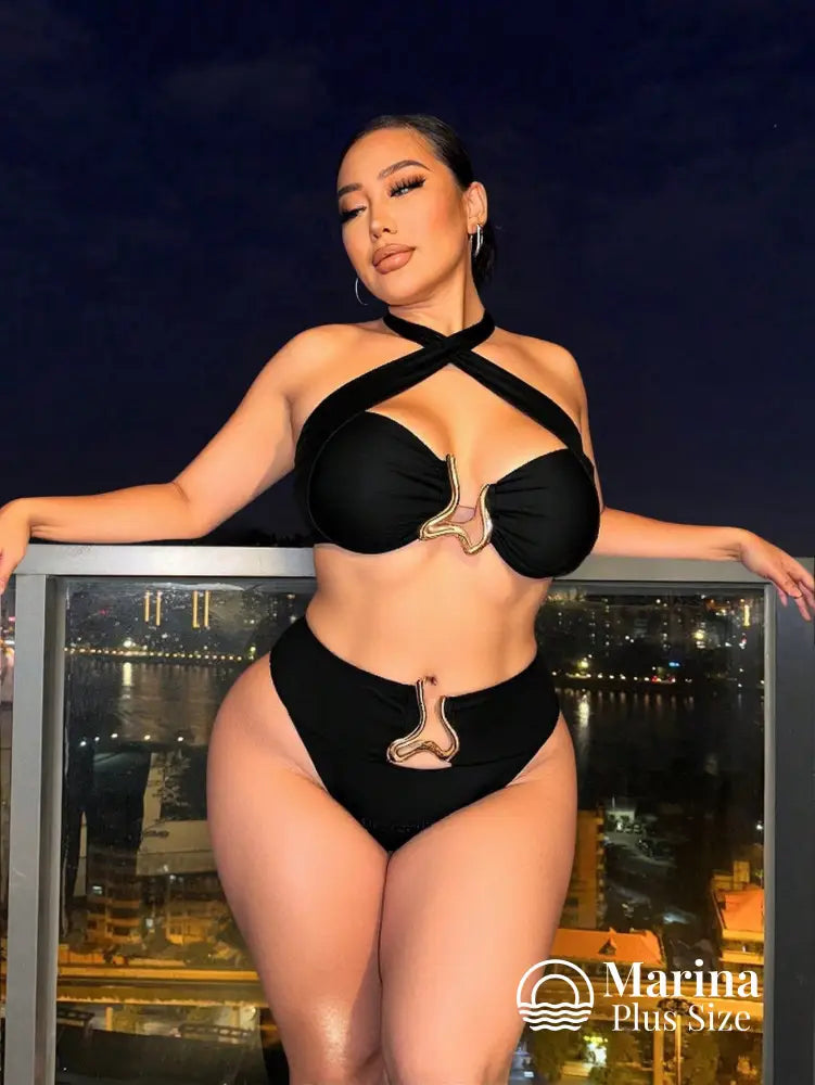 Biquíni Halter Cruzado Cintura Alta Aviamento Plus Size Preto / G Biquíni Halter Cruzado Cintura Alta Aviamento Plus