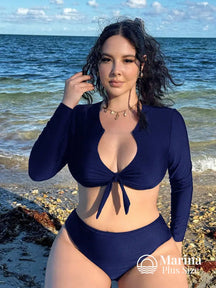 Biquíni Manga Longa Amarração Plus Size Azul-marinho / G Biquíni Manga Longa Amarração Plus Size