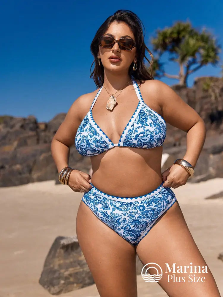 Biquíni Paisley Cortininha Cintura Alta Plus Size Azul / G Biquíni Paisley Cortininha Cintura Alta Plus Size