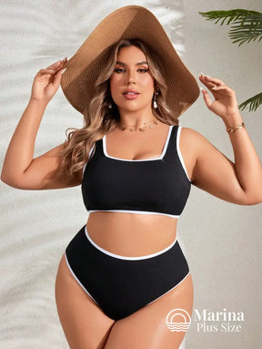 Biquíni Reto Canelado Borda Contrastante Plus Size Biquíni Reto Canelado Borda Contrastante Plus Size