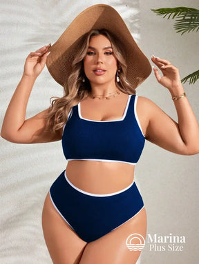 Biquíni Reto Canelado Borda Contrastante Plus Size Biquíni Reto Canelado Borda Contrastante Plus Size
