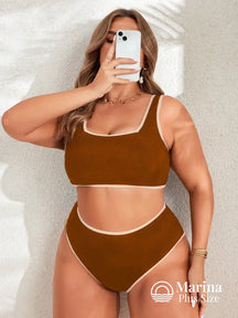 Biquíni Reto Canelado Borda Contrastante Plus Size Café / G Biquíni Reto Canelado Borda Contrastante Plus Size