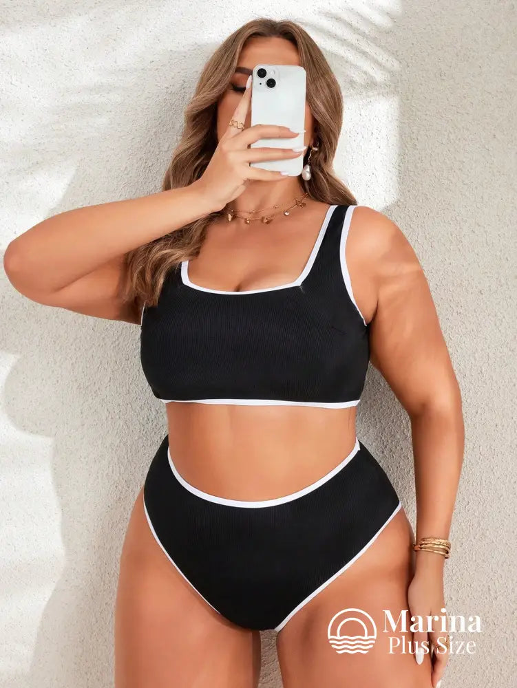 Biquíni Reto Canelado Borda Contrastante Plus Size Preto / G Biquíni Reto Canelado Borda Contrastante Plus Size