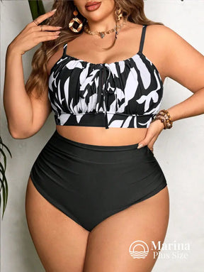 Biquíni Reto Estampa Tropical Cintura Alta Plus Size Preto / G Biquíni Reto Estampa Tropical Cintura Alta Plus Size