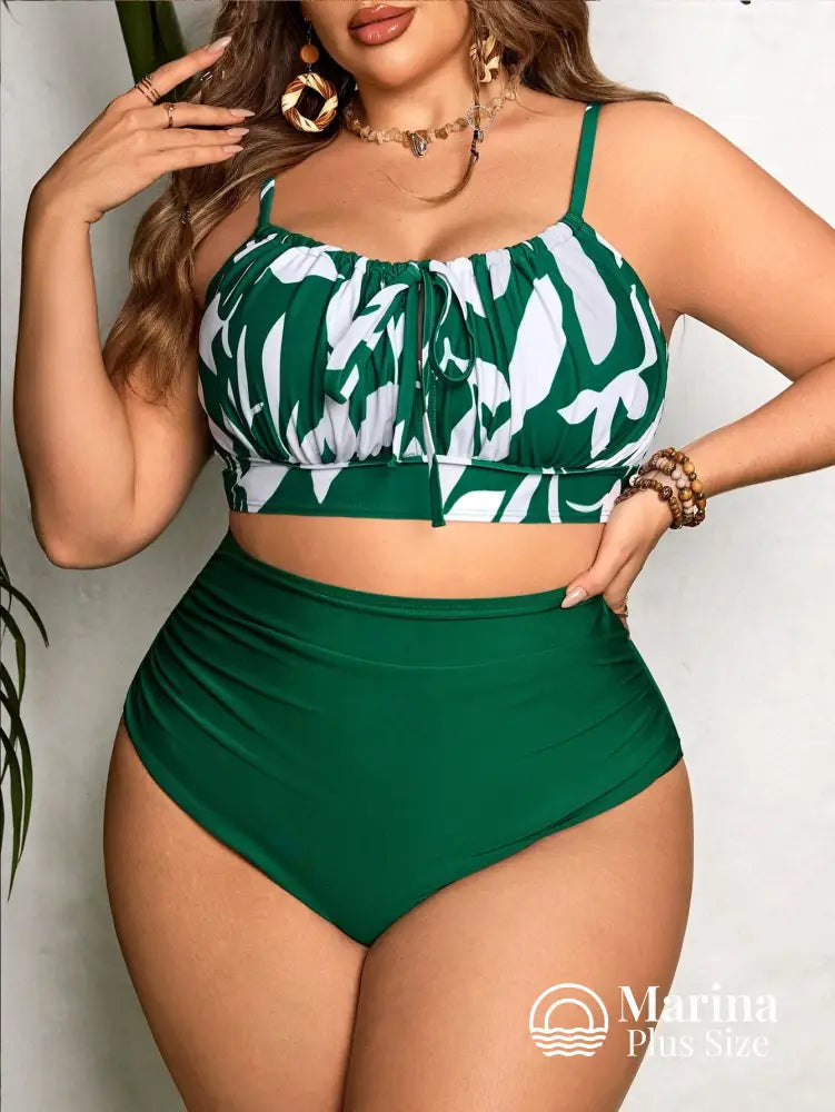 Biquíni Reto Estampa Tropical Cintura Alta Plus Size Verde / G Biquíni Reto Estampa Tropical Cintura Alta Plus Size
