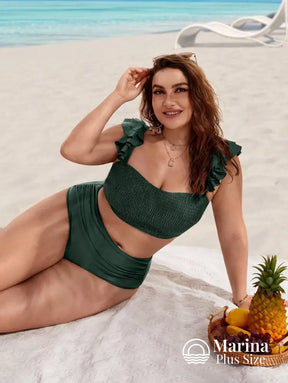 Biquíni Reto Texturizado Babados Cintura Alta Plus Size Biquíni Reto Texturizado Babados Cintura Alta Plus Size