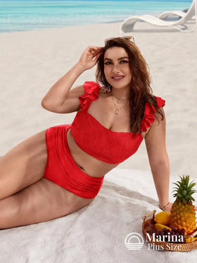 Biquíni Reto Texturizado Babados Cintura Alta Plus Size Biquíni Reto Texturizado Babados Cintura Alta Plus Size