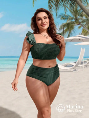 Biquíni Reto Texturizado Babados Cintura Alta Plus Size Biquíni Reto Texturizado Babados Cintura Alta Plus Size