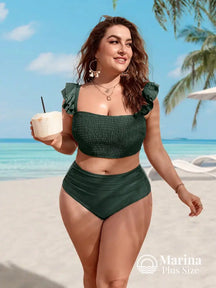 Biquíni Reto Texturizado Babados Cintura Alta Plus Size Verde Escuro / G Biquíni Reto Texturizado Babados Cintura Alta