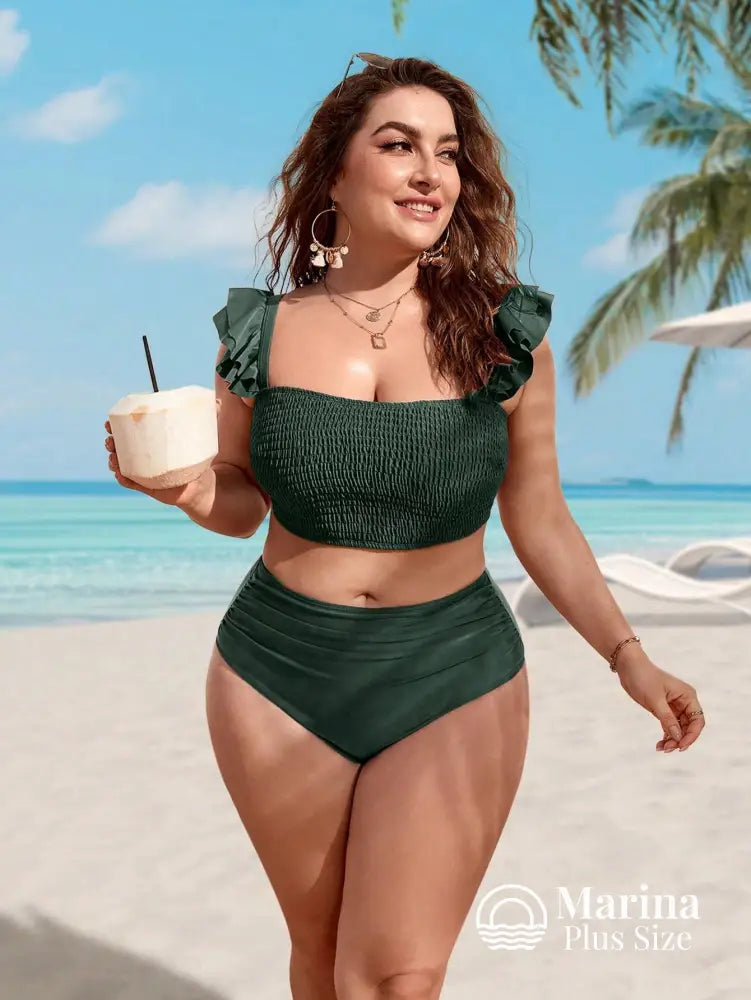 Biquíni Reto Texturizado Babados Cintura Alta Plus Size Verde Escuro / G Biquíni Reto Texturizado Babados Cintura Alta