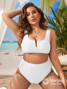 Biquíni Texturizado Decote V Cintura Alta Plus Size Branco / G Biquíni Texturizado Decote V Cintura Alta Plus Size