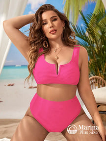 Biquíni Texturizado Decote V Cintura Alta Plus Size Rosa Choque / G Biquíni Texturizado Decote V Cintura Alta Plus Size