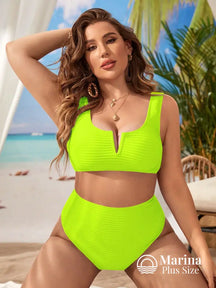 Biquíni Texturizado Decote V Cintura Alta Plus Size Verde Limão / G Biquíni Texturizado Decote V Cintura Alta Plus Size