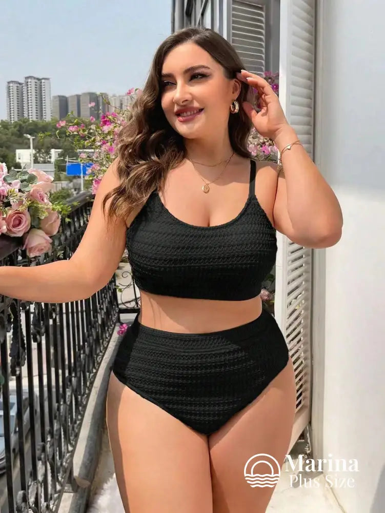 Biquíni Texturizado Top Reto Cintura Alta Plus Size Preto / G Biquíni Texturizado Top Reto Cintura Alta Plus Size