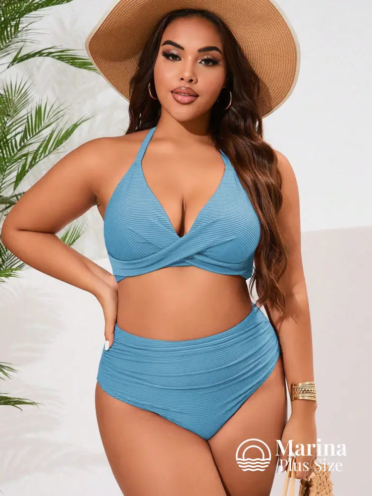 Biquíni Transpassado Canelado Cintura Alta Drapeada Plus Size Biquíni Transpassado Canelado Cintura Alta Drapeada Plus