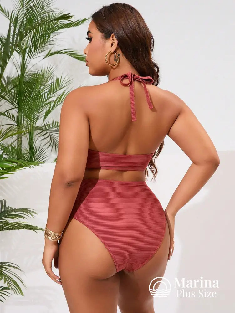 Biquíni Transpassado Canelado Cintura Alta Drapeada Plus Size Biquíni Transpassado Canelado Cintura Alta Drapeada Plus