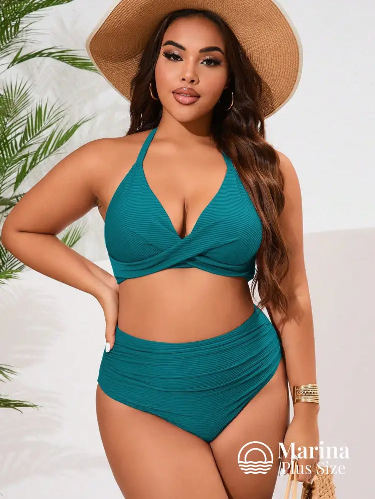 Biquíni Transpassado Canelado Cintura Alta Drapeada Plus Size Biquíni Transpassado Canelado Cintura Alta Drapeada Plus