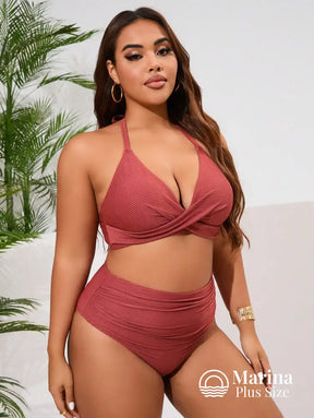 Biquíni Transpassado Canelado Cintura Alta Drapeada Plus Size Biquíni Transpassado Canelado Cintura Alta Drapeada Plus