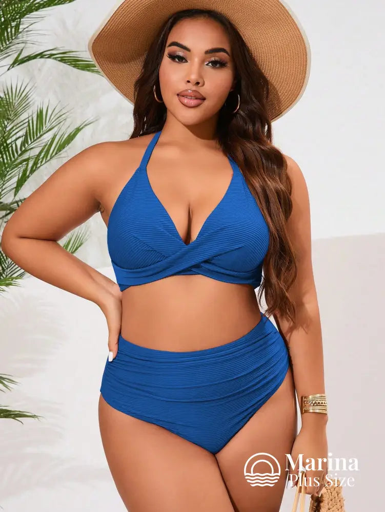 Biquíni Transpassado Canelado Cintura Alta Drapeada Plus Size Biquíni Transpassado Canelado Cintura Alta Drapeada Plus