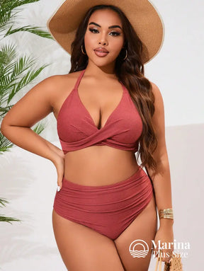 Biquíni Transpassado Canelado Cintura Alta Drapeada Plus Size Biquíni Transpassado Canelado Cintura Alta Drapeada Plus