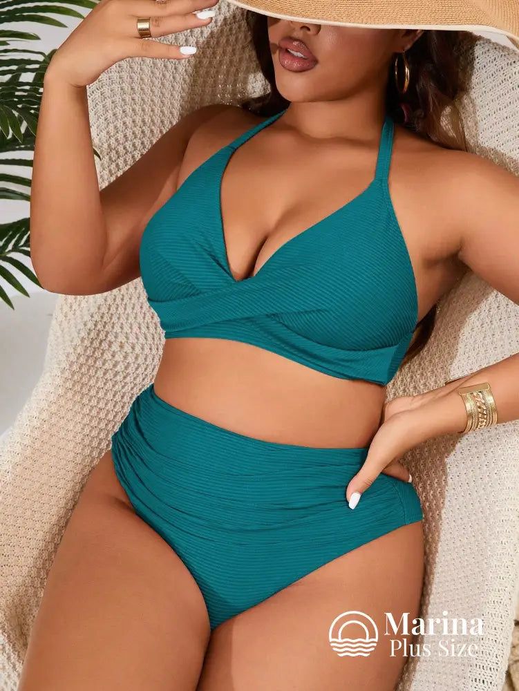 Biquíni Transpassado Canelado Cintura Alta Drapeada Plus Size Azul Petróleo / G Biquíni Transpassado Canelado Cintura