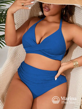 Biquíni Transpassado Canelado Cintura Alta Drapeada Plus Size Azul Royal / G Biquíni Transpassado Canelado Cintura Alta