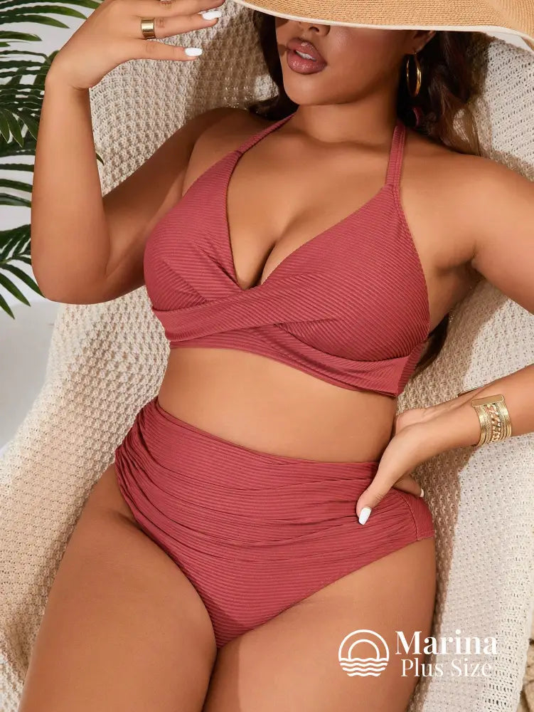 Biquíni Transpassado Canelado Cintura Alta Drapeada Plus Size Castanho / G Biquíni Transpassado Canelado Cintura Alta