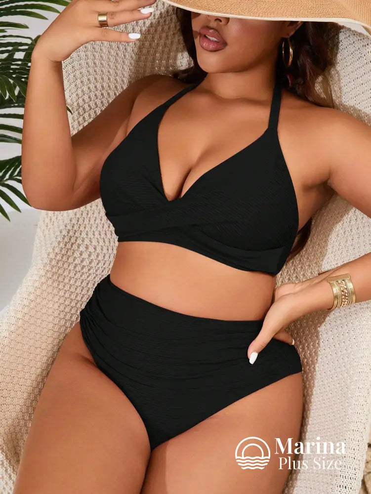 Biquíni Transpassado Canelado Cintura Alta Drapeada Plus Size Preto / G Biquíni Transpassado Canelado Cintura Alta