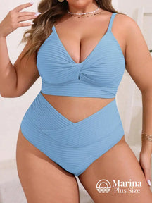 Biquíni Transpassado Canelado Cintura Alta Plus Size Azul / G Biquíni Transpassado Canelado Cintura Alta Plus Size