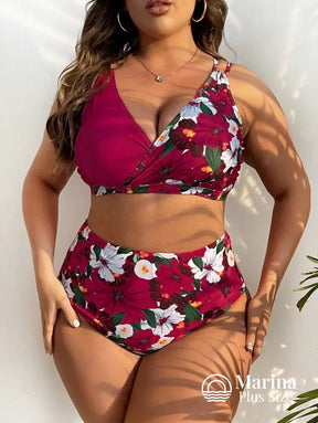 Biquíni Transpassado Estampa Floral Cintura Alta Plus Size Vinho / G Biquíni Transpassado Estampa Floral Cintura Alta
