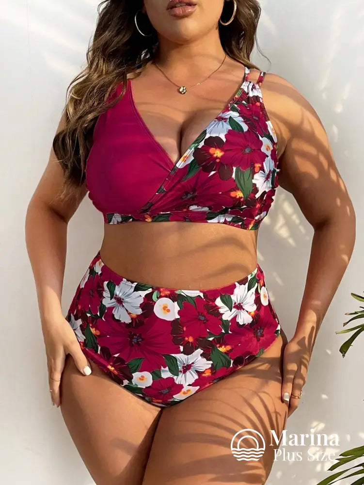 Biquíni Transpassado Estampa Floral Cintura Alta Plus Size Vinho / G Biquíni Transpassado Estampa Floral Cintura Alta